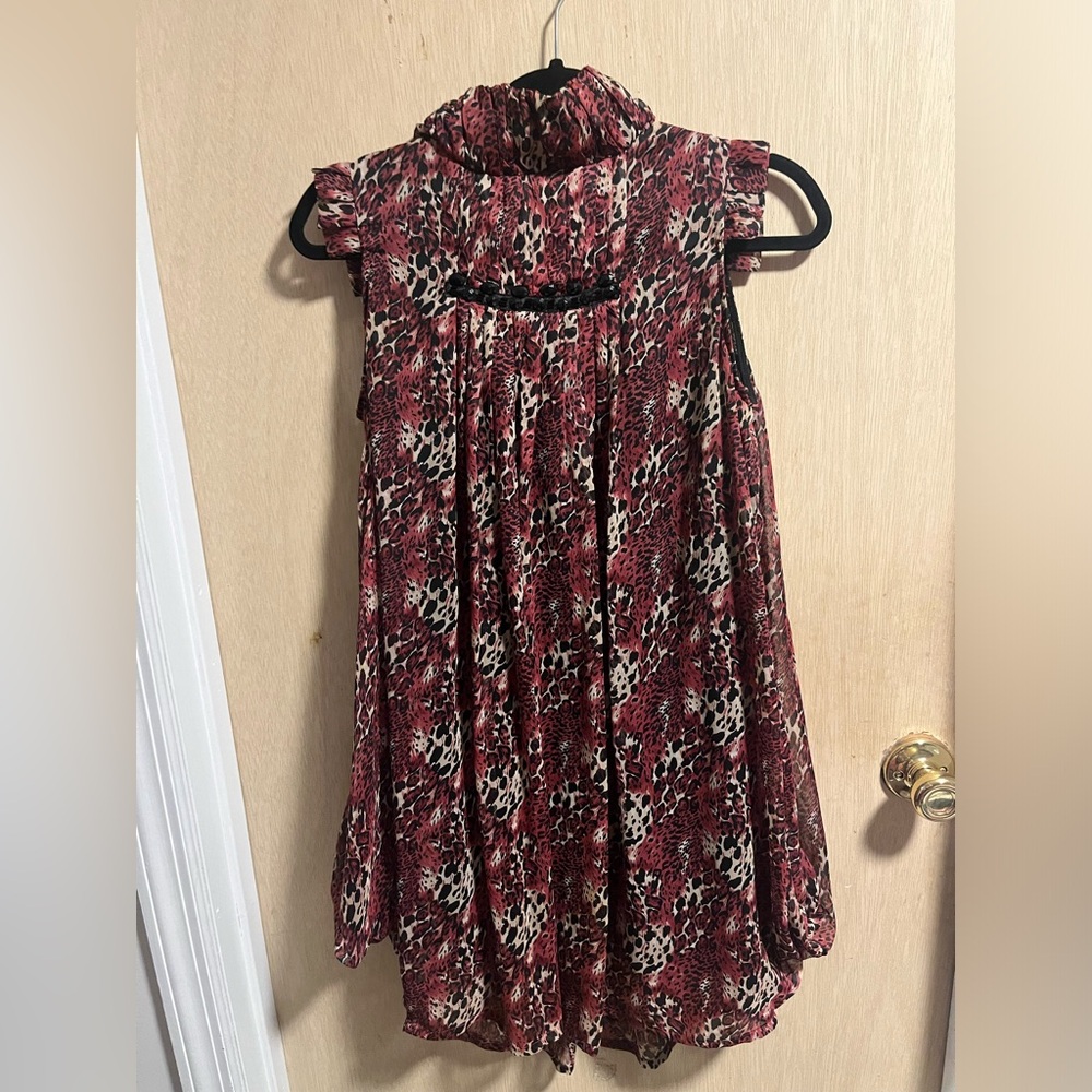 Chloe black and wine leopard print jewled neck ruffled dress size 6